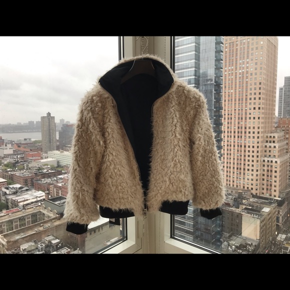 RARE! 90s Grunge REVERSIBLE Faux Suede/Shearling Bomber Jacket- cream & black, S - Picture 4 of 6